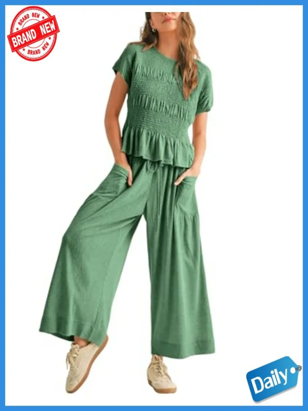 2 Piece Lounge Set Smocked Top Wide-Leg Pants with Pockets
